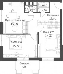 Трёхкомнатная квартира 62.99 м²