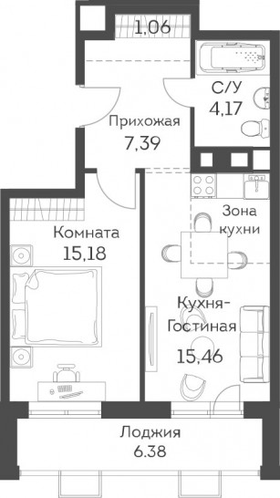 Двухкомнатная квартира 46.17 м²