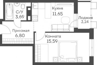 Однокомнатная квартира 39.06 м²