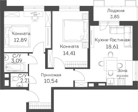 Трёхкомнатная квартира 63.03 м²